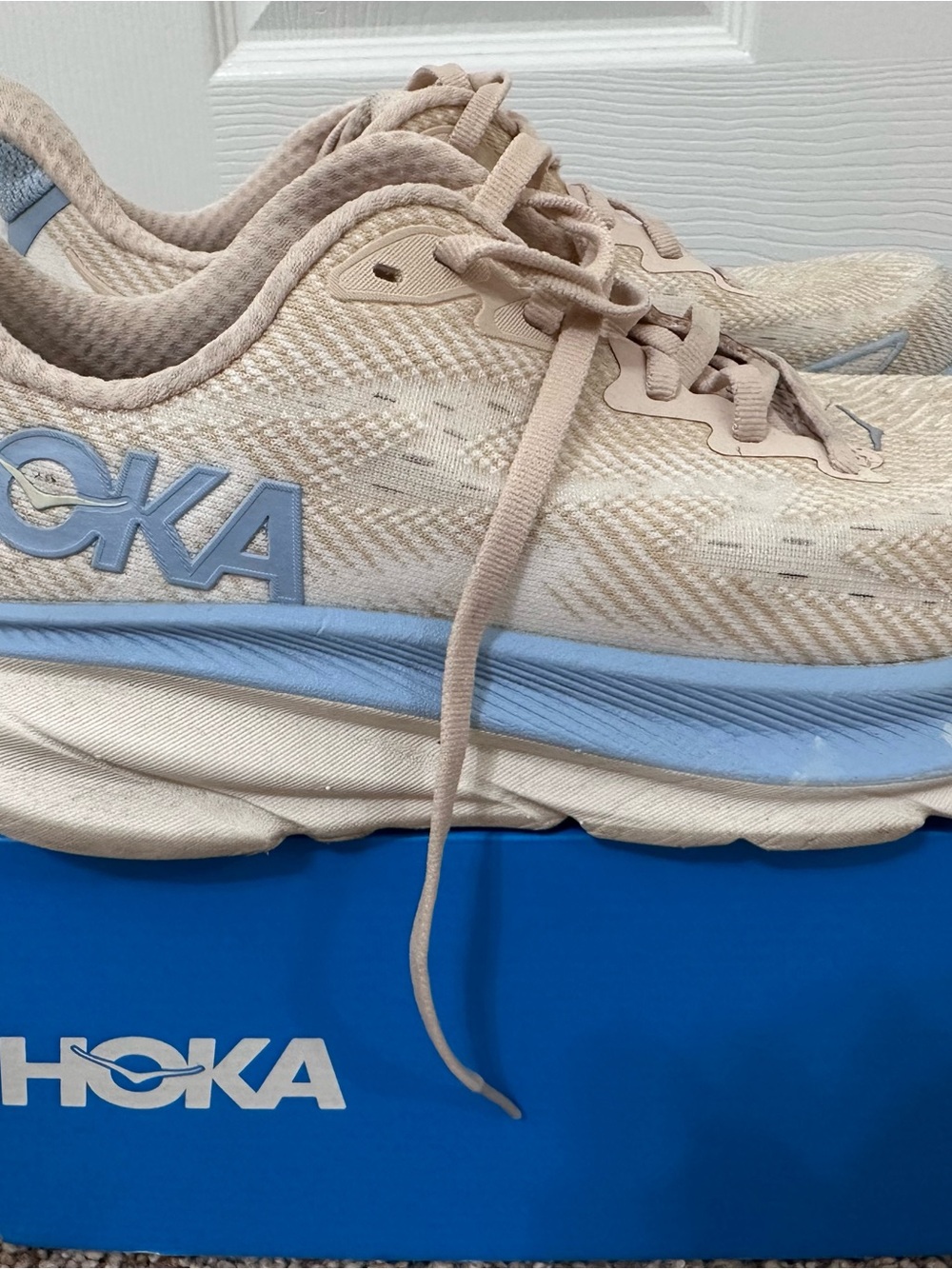 Hoka Women's Running Shoes in Beige with Light Blue Accents